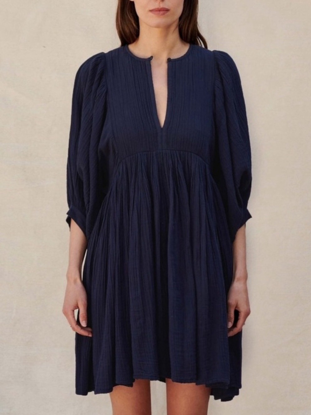 Sundry Navy Cotton Gauze Long Sleeve Mini Dress